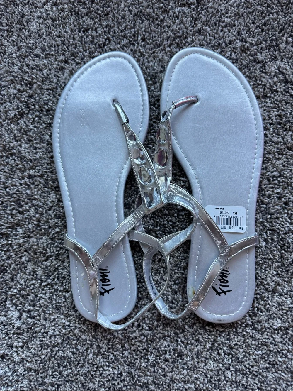 Women's Silver T-Strap Sandals with Gem Accents